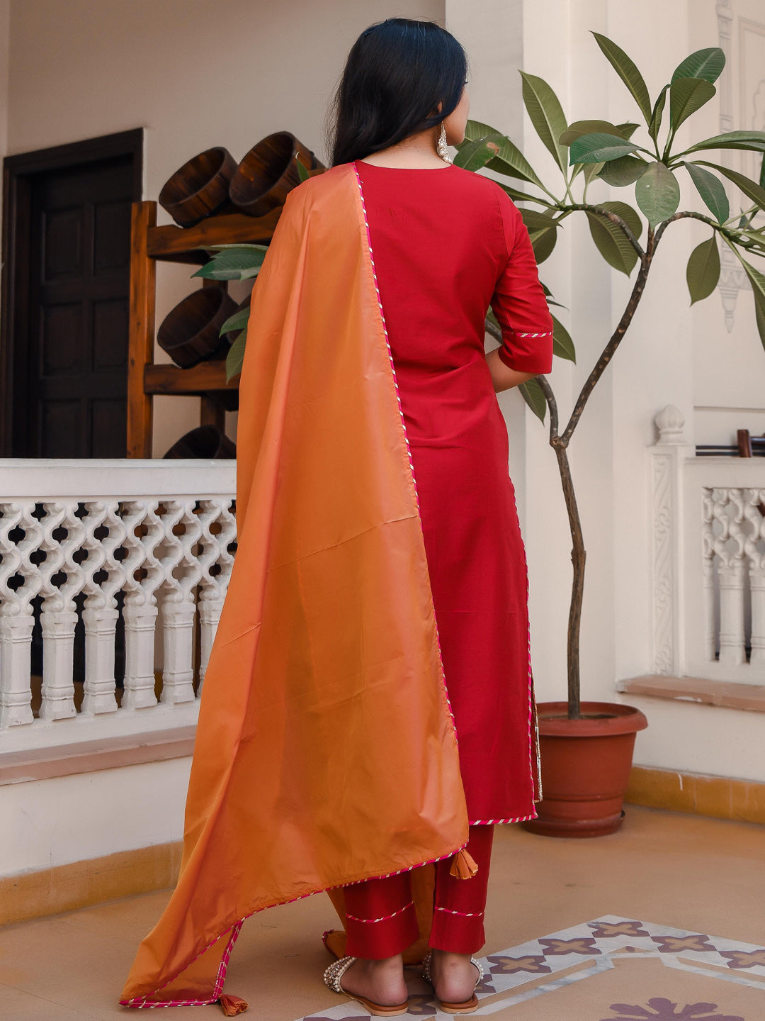 Rose Red Suit Set With Contrast Dupatta - Indianvirasat