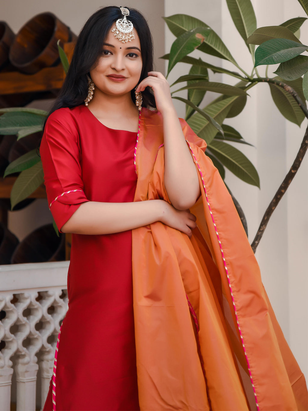 Rose Red Suit Set With Contrast Dupatta - Indianvirasat
