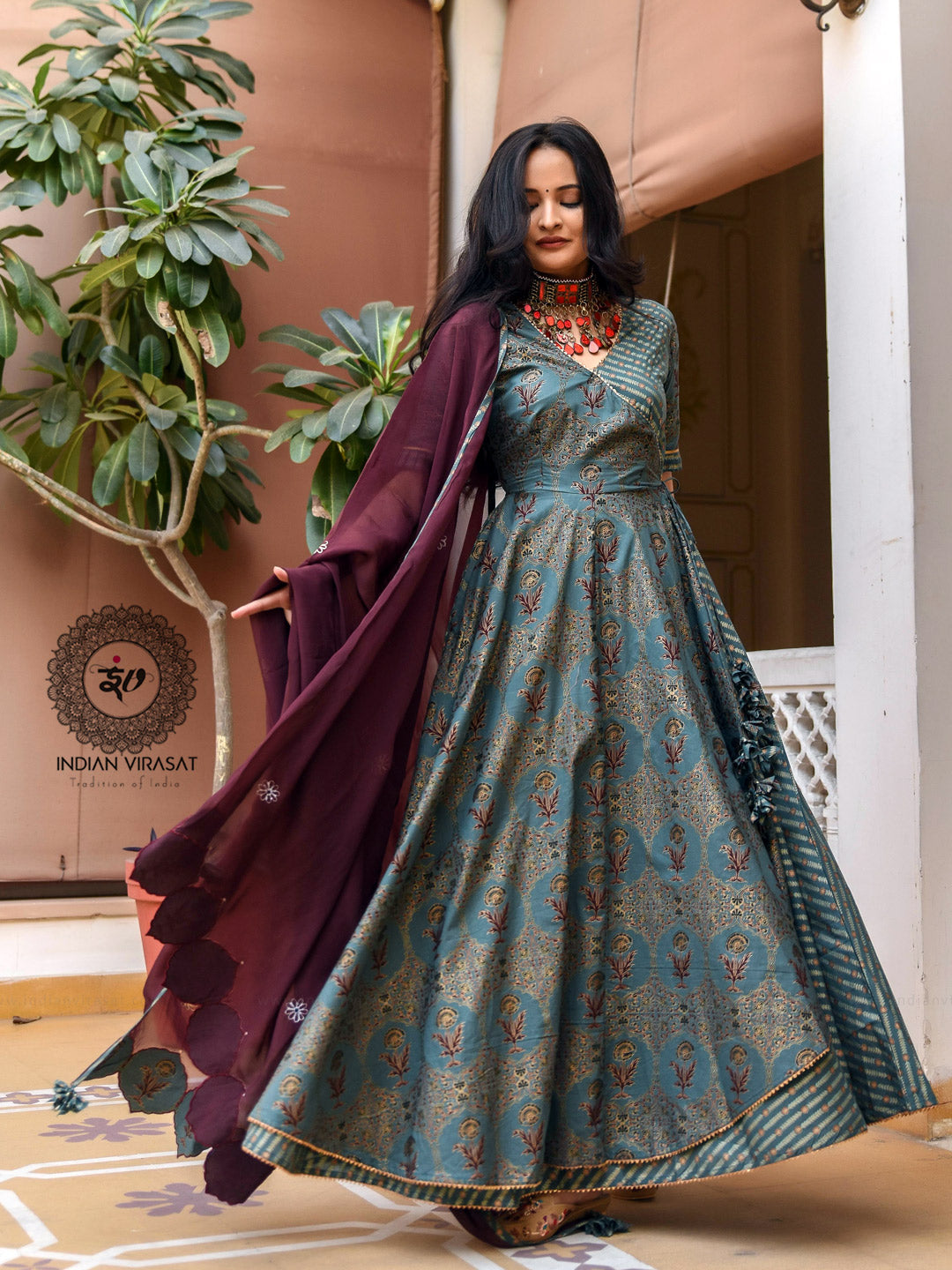 Seaweed Green Cotton Anarkali Suit Set - Indianvirasat