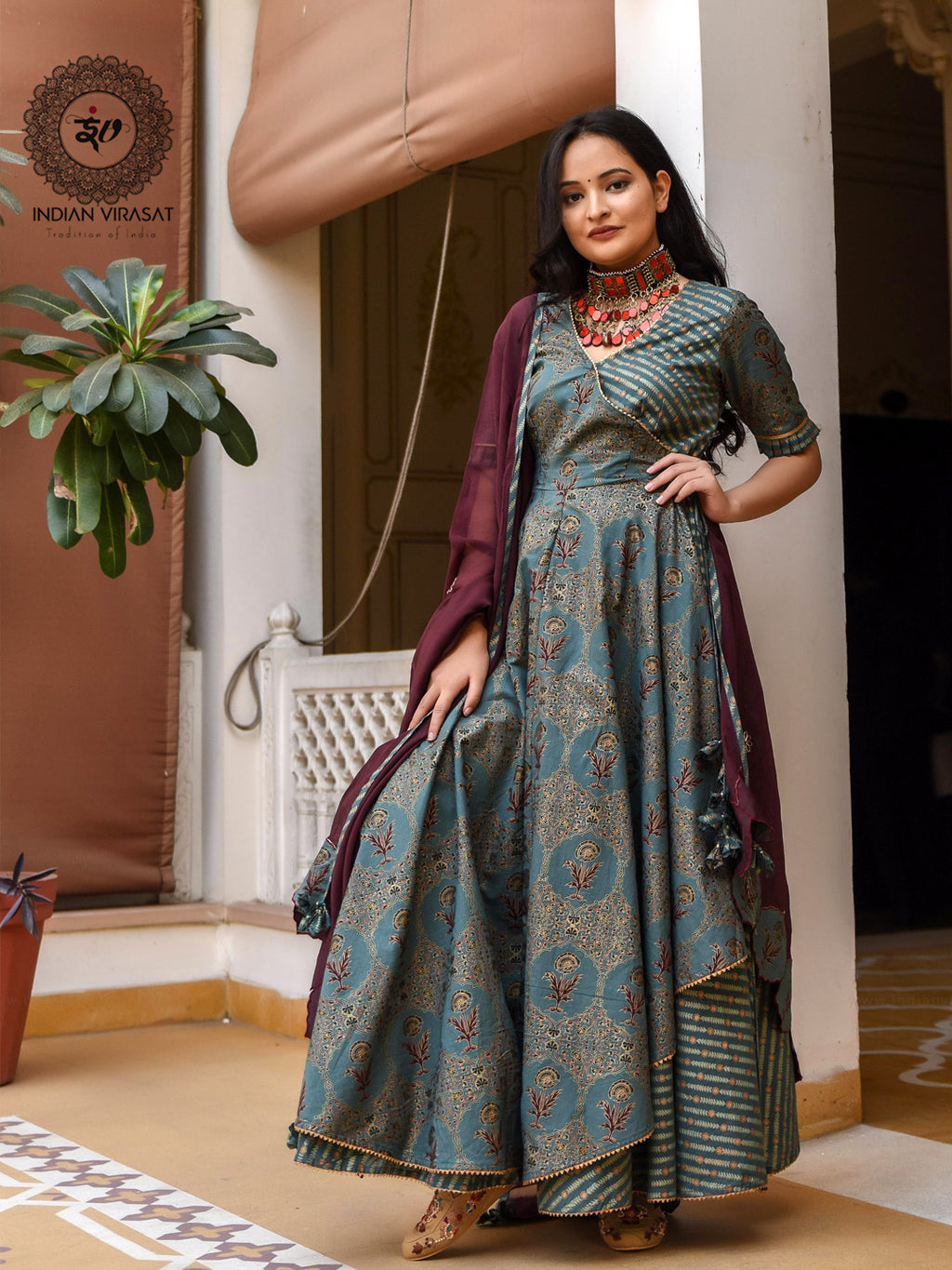 Seaweed Green Cotton Anarkali Suit Set - Indianvirasat