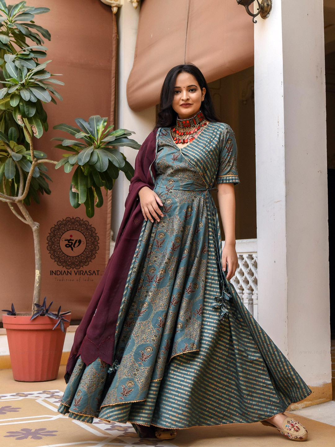 Seaweed Green Cotton Anarkali Suit Set - Indianvirasat