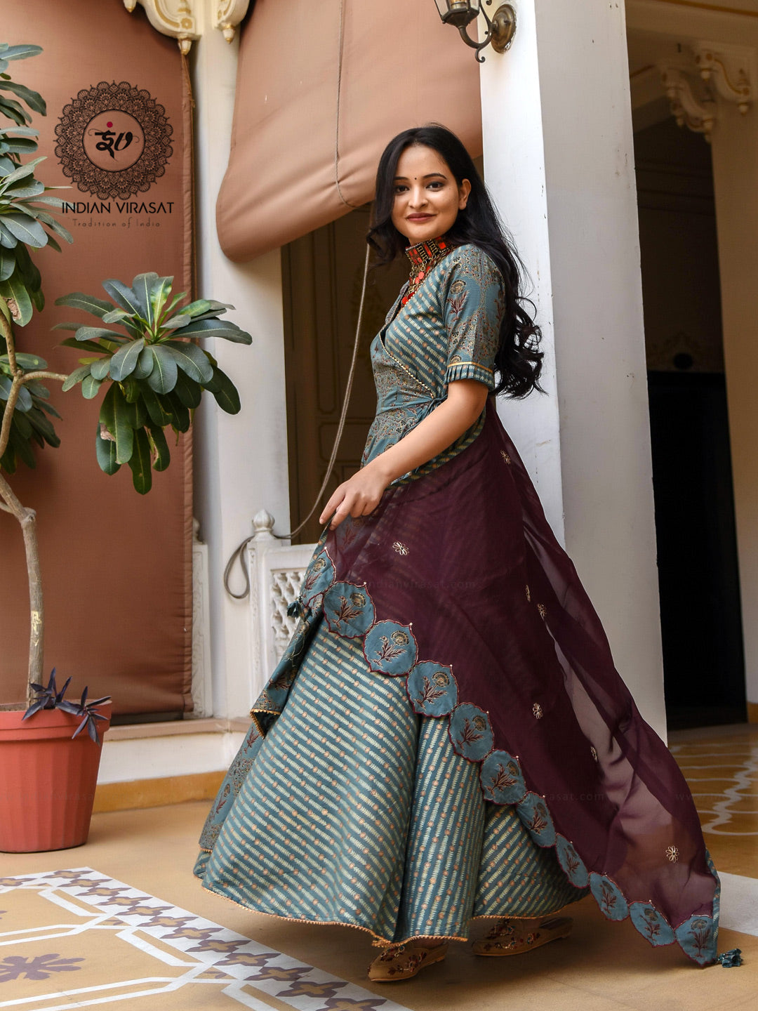 Seaweed Green Cotton Anarkali Suit Set - Indianvirasat
