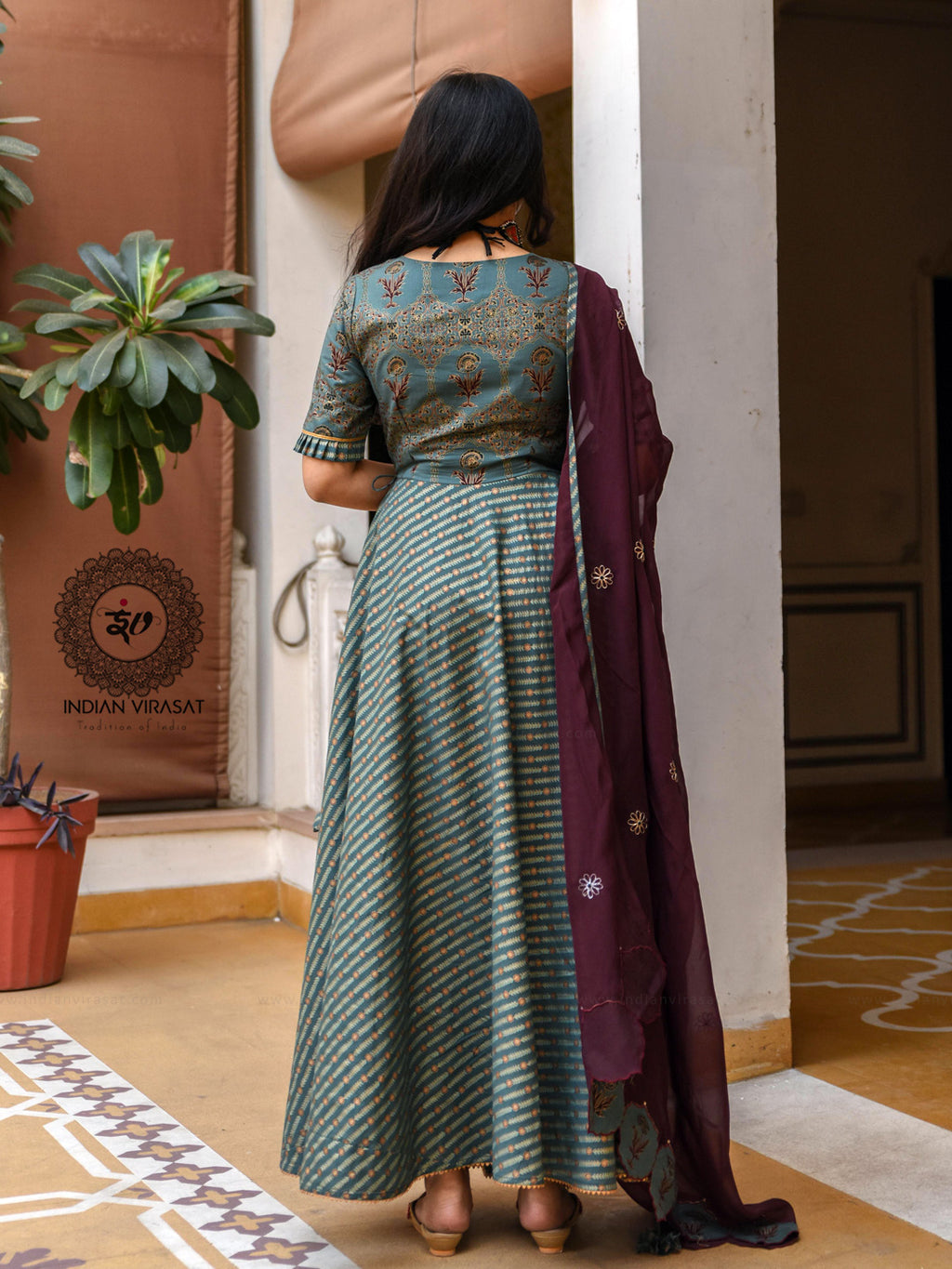 Seaweed Green Cotton Anarkali Suit Set - Indianvirasat