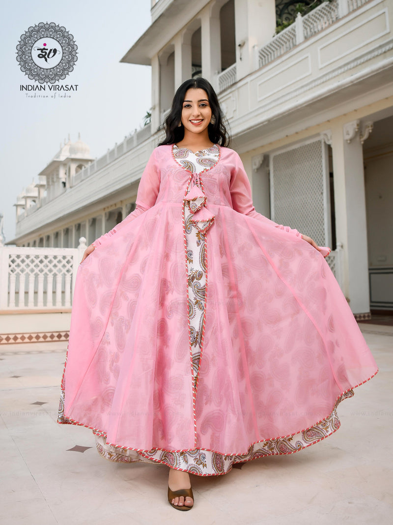 Flamingo Pink Cape with Printed Inner & Dupatta