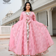 Flamingo Pink Cape with Printed Inner & Dupatta