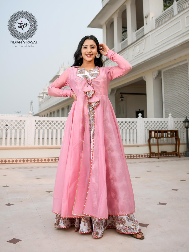 Flamingo Pink Cape with Printed Inner & Dupatta