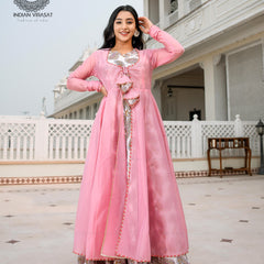 Flamingo Pink Cape with Printed Inner & Dupatta