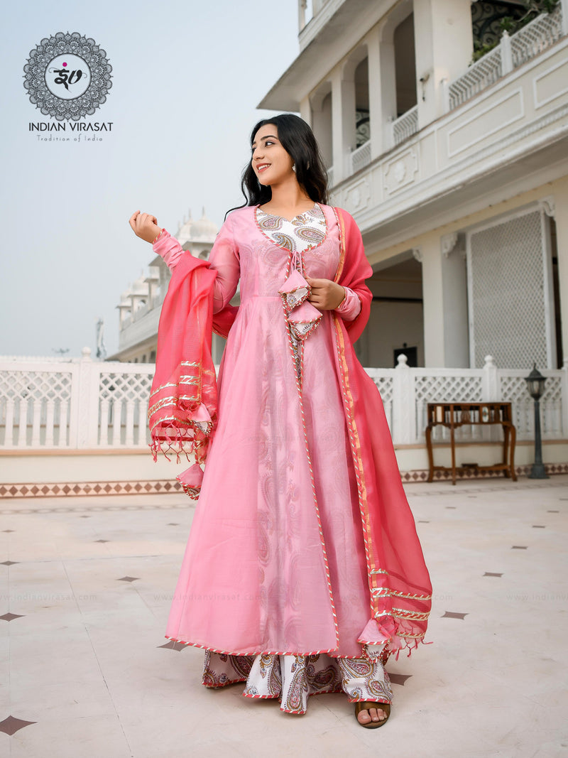 Flamingo Pink Cape with Printed Inner & Dupatta