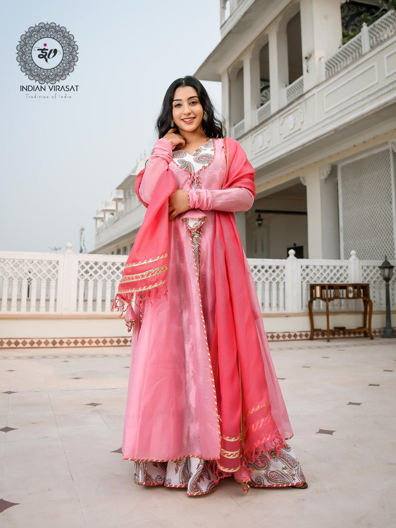 Flamingo Pink Cape with Printed Inner & Dupatta