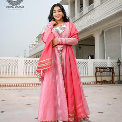 Flamingo Pink Cape with Printed Inner & Dupatta