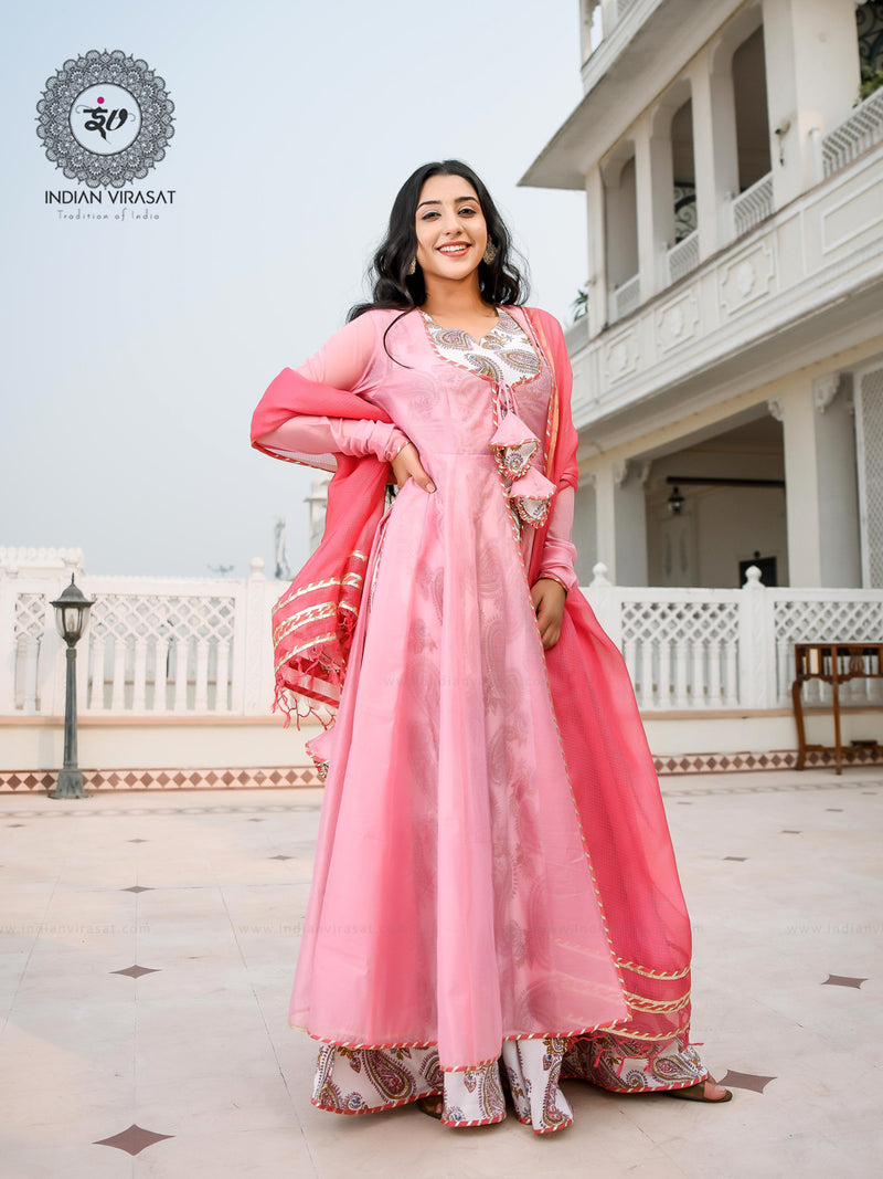 Flamingo Pink Cape with Printed Inner & Dupatta