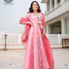 Flamingo Pink Cape with Printed Inner & Dupatta