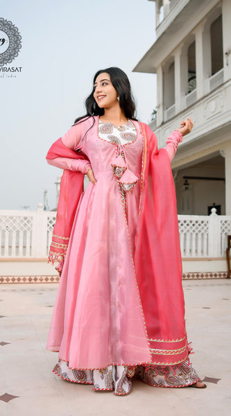 Flamingo Pink Cape with Printed Inner & Dupatta Suit Set - Indianvirasat