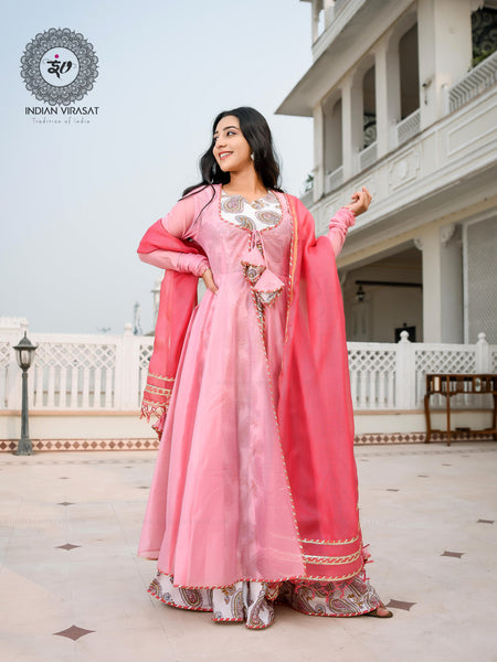 Flamingo Pink Cape with Printed Inner & Dupatta