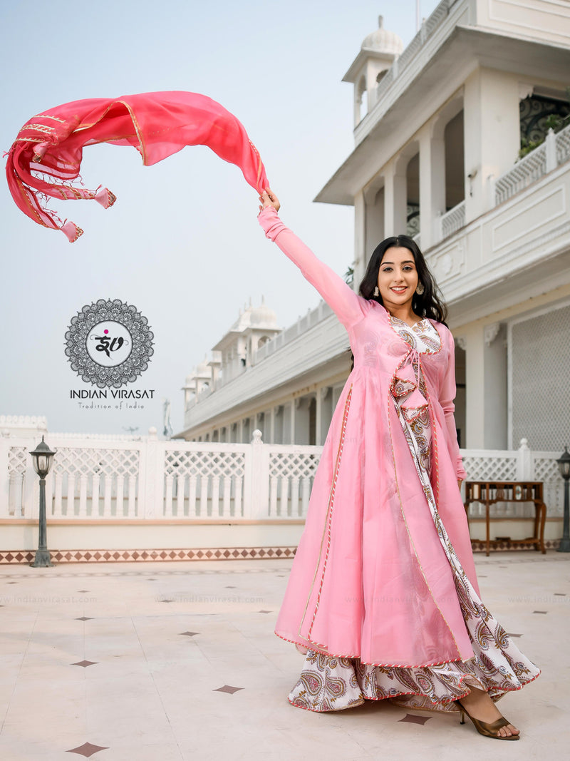 Flamingo Pink Cape with Printed Inner & Dupatta