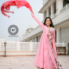 Flamingo Pink Cape with Printed Inner & Dupatta
