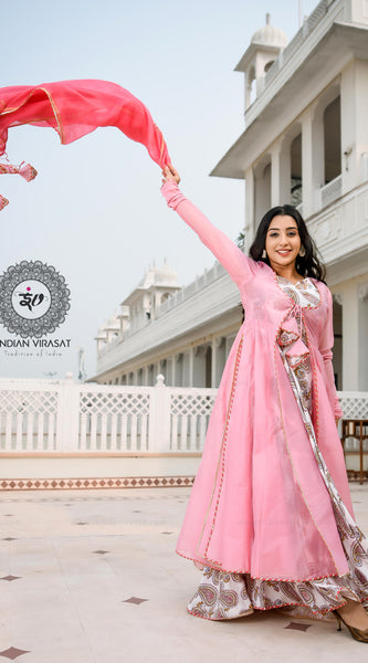 Flamingo Pink Cape with Printed Inner & Dupatta Suit Set - Indianvirasat