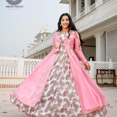 Flamingo Pink Cape with Printed Inner & Dupatta