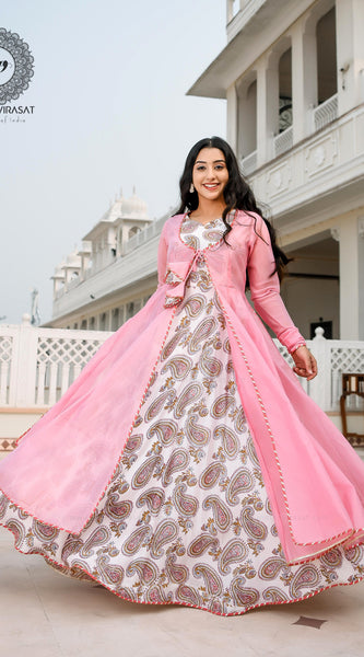 Flamingo Pink Cape with Printed Inner & Dupatta Suit Set - Indianvirasat