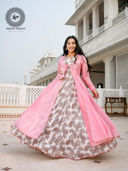 Flamingo Pink Cape with Printed Inner & Dupatta