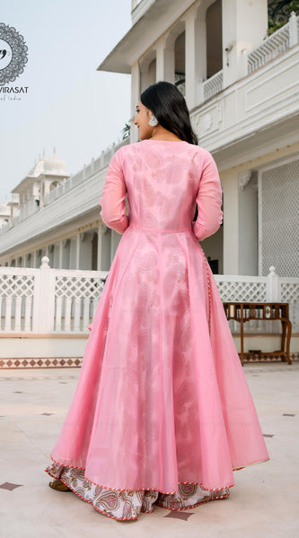 Flamingo Pink Cape with Printed Inner & Dupatta Suit Set - Indianvirasat