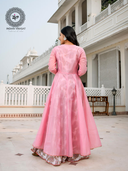 Flamingo Pink Cape with Printed Inner & Dupatta