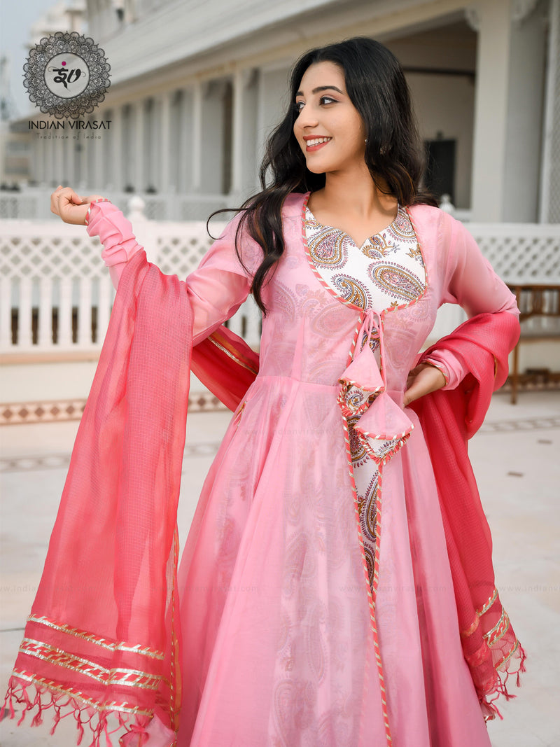 Flamingo Pink Cape with Printed Inner & Dupatta