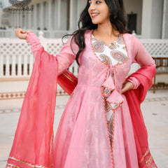 Flamingo Pink Cape with Printed Inner & Dupatta