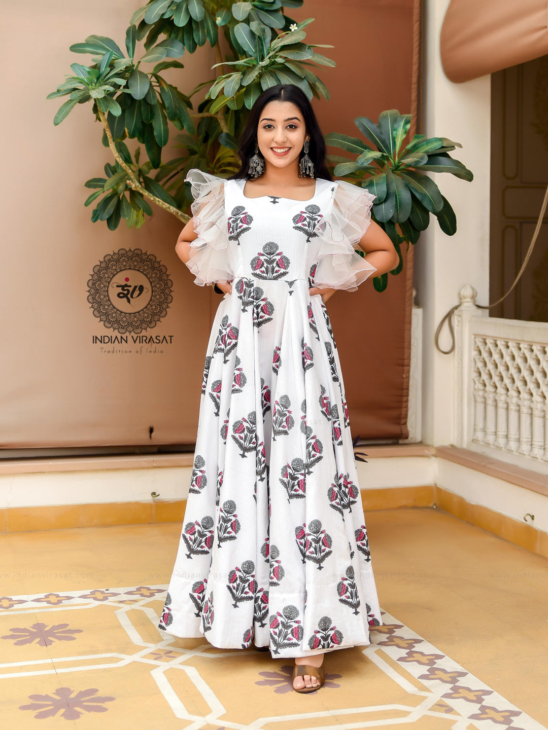 Salt White Mughal Boota Dress - Indianvirasat