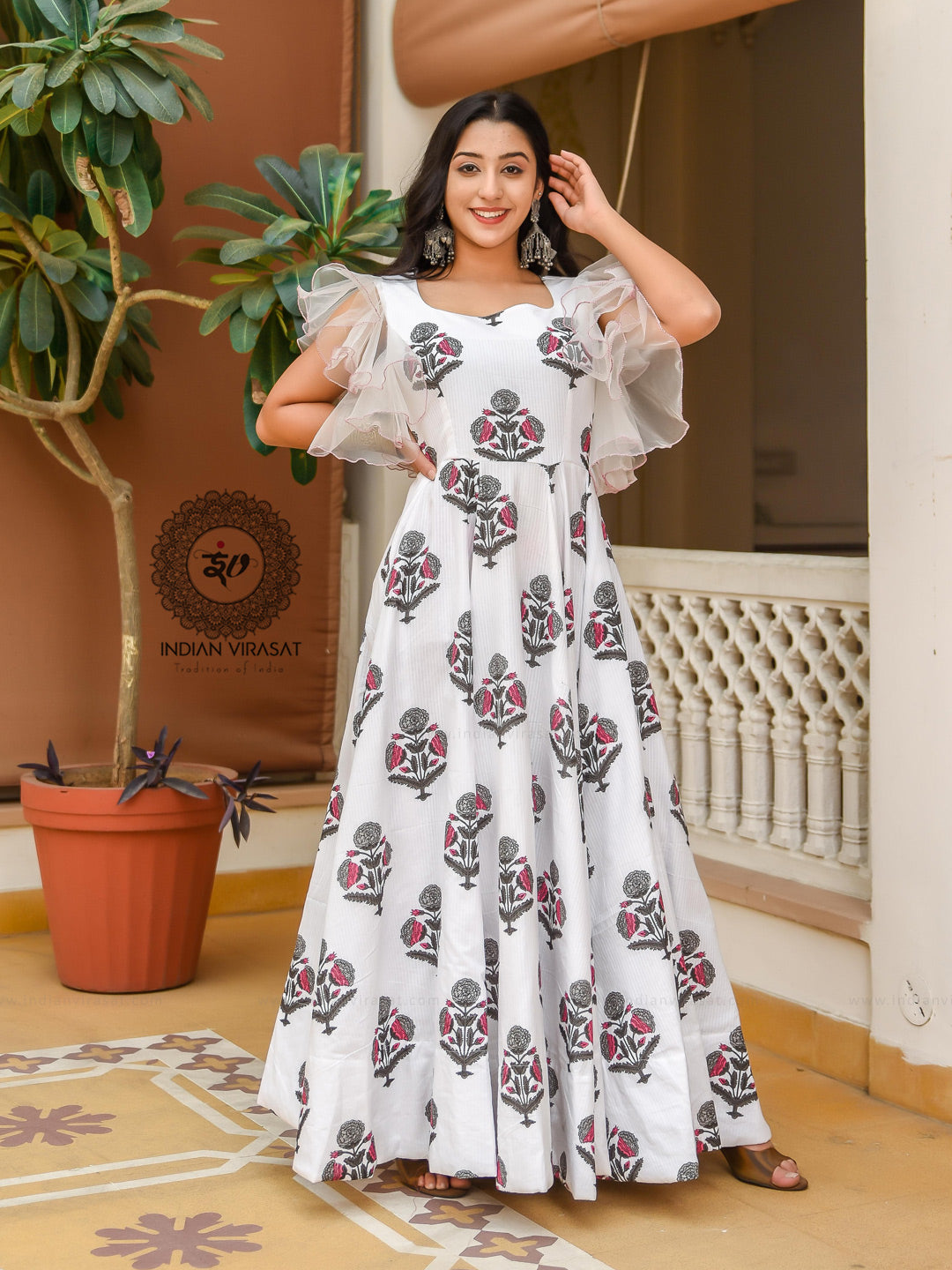 Salt White Mughal Boota Dress - Indianvirasat