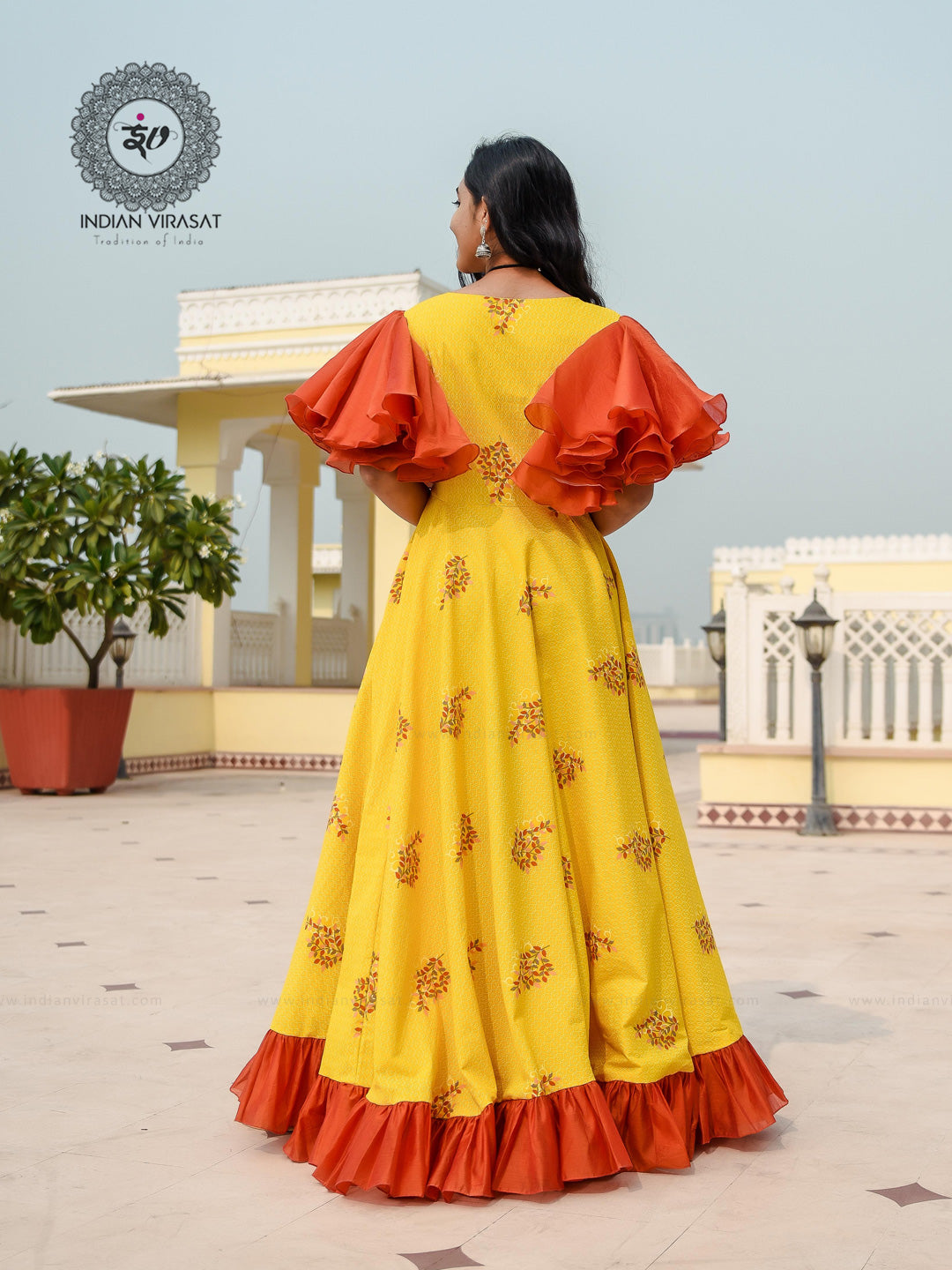 Yellow Indo Western Mirror Embellished Crop Top & Palazzo Set – Roopkala  Heritage