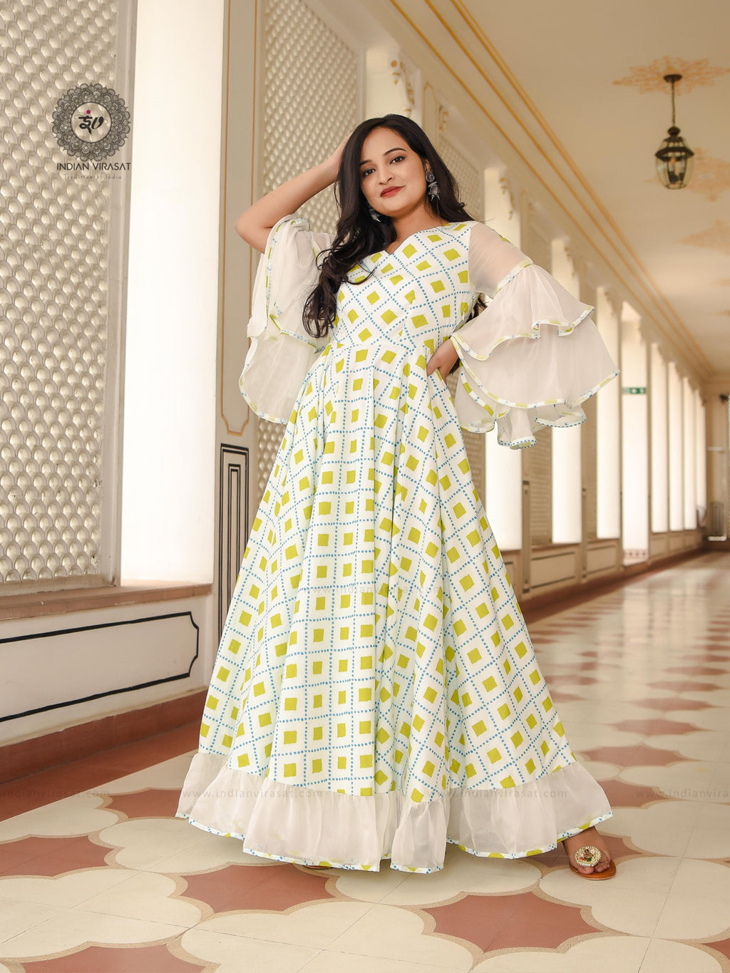 Powder White Printed Dress - Indianvirasat