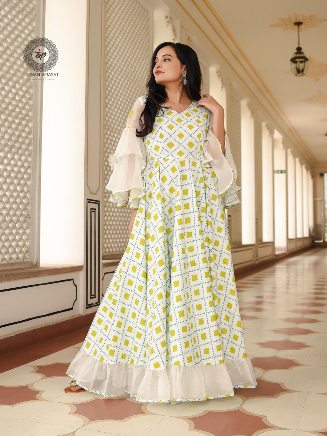 Powder White Printed Dress - Indianvirasat