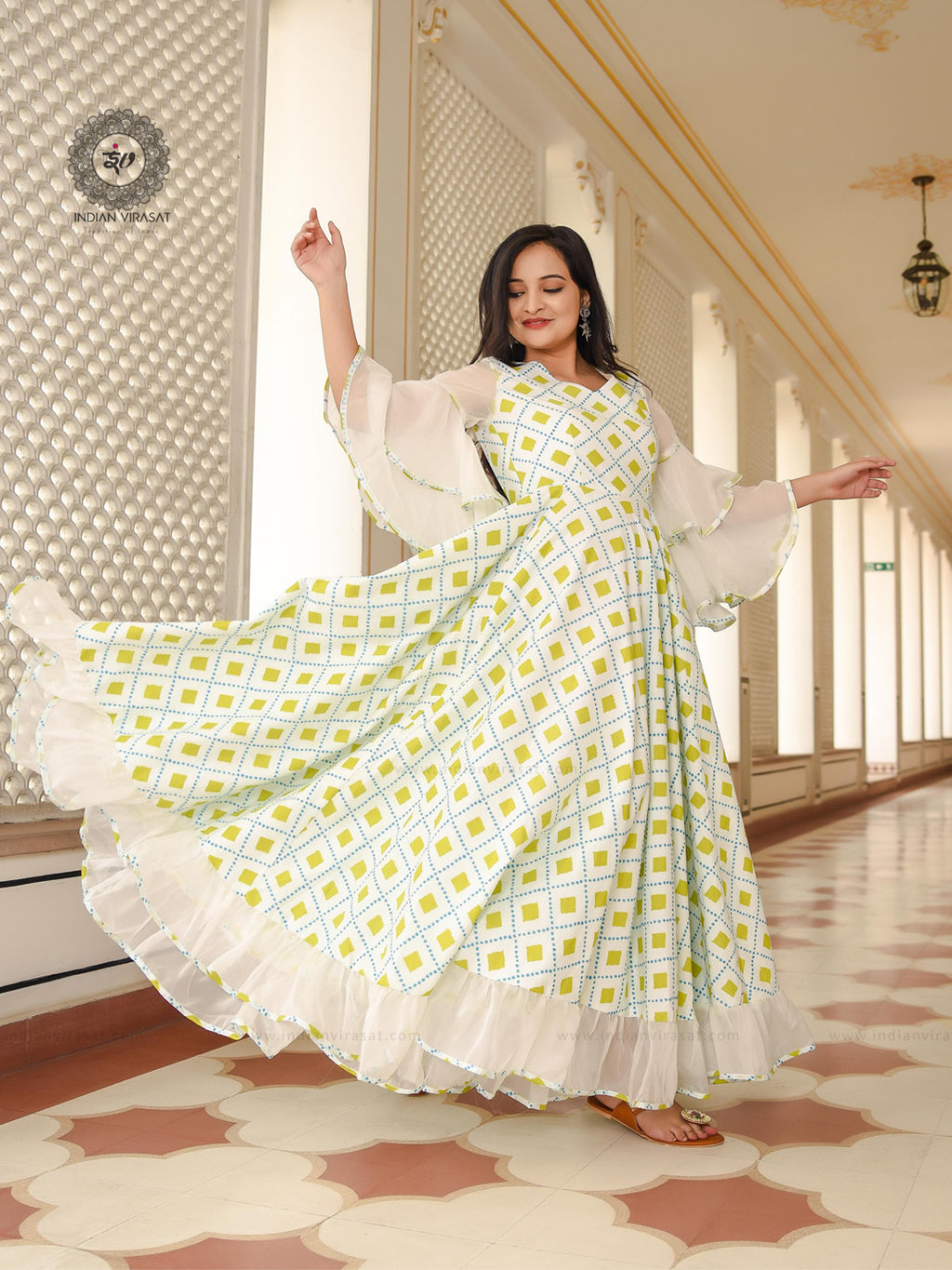 Powder White Printed Dress - Indianvirasat