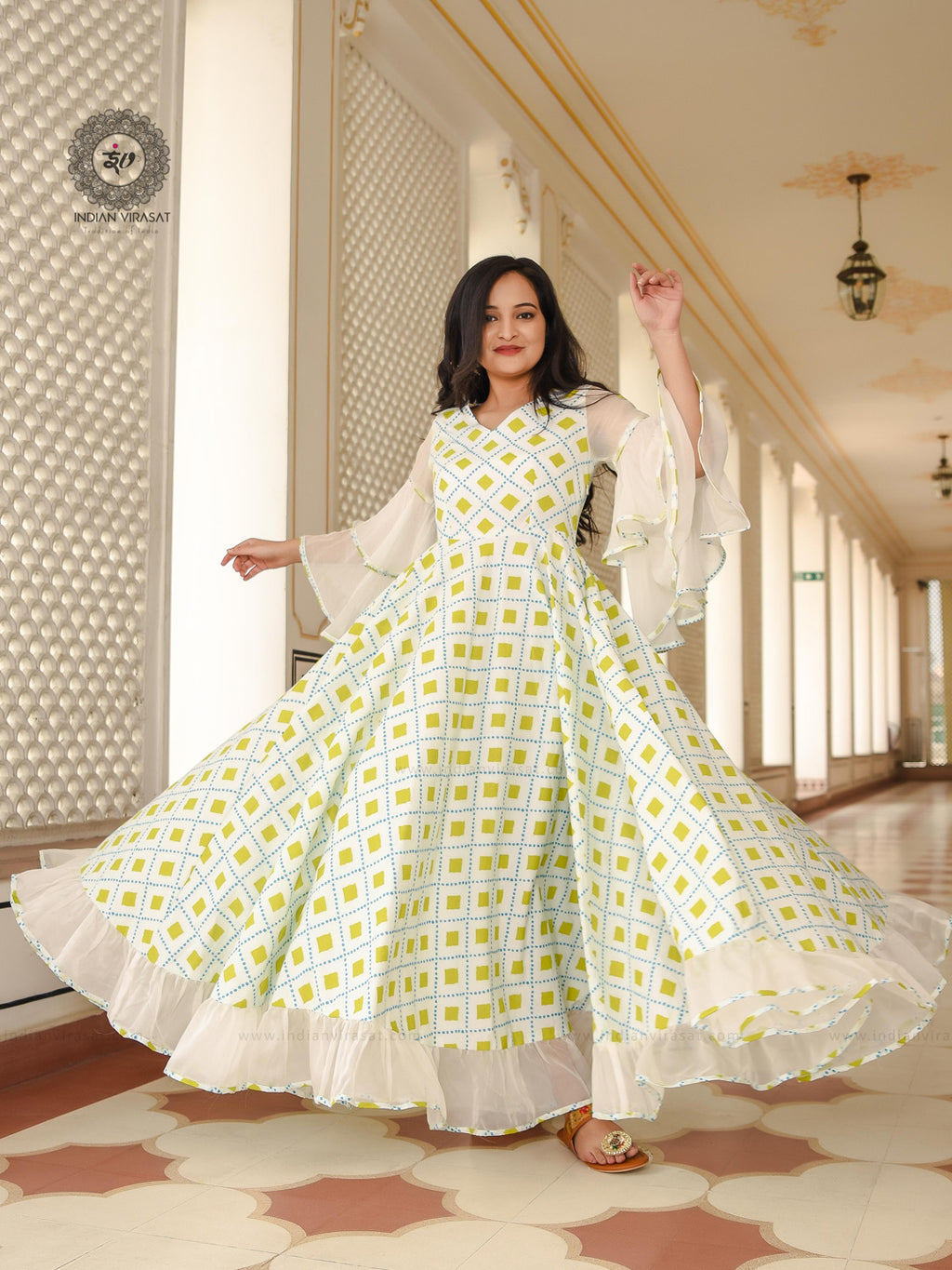 Powder White Printed Dress - Indianvirasat