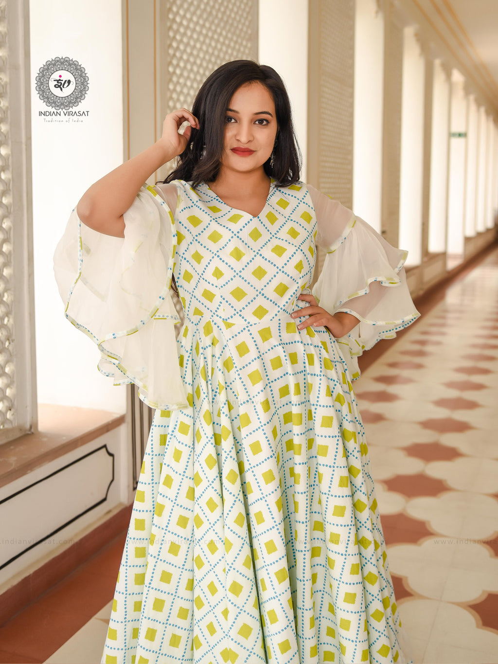 Powder White Printed Dress - Indianvirasat