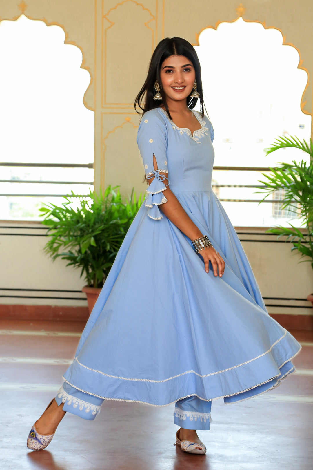 Ice Blue Ethnic Anarkali Suit Set - Indianvirasat