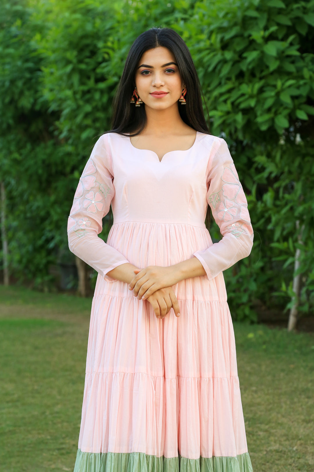 Baby Pink With Eye Soothing Green layered Dress - Indianvirasat