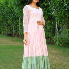 Baby Pink With Eye Soothing Green layered Dress