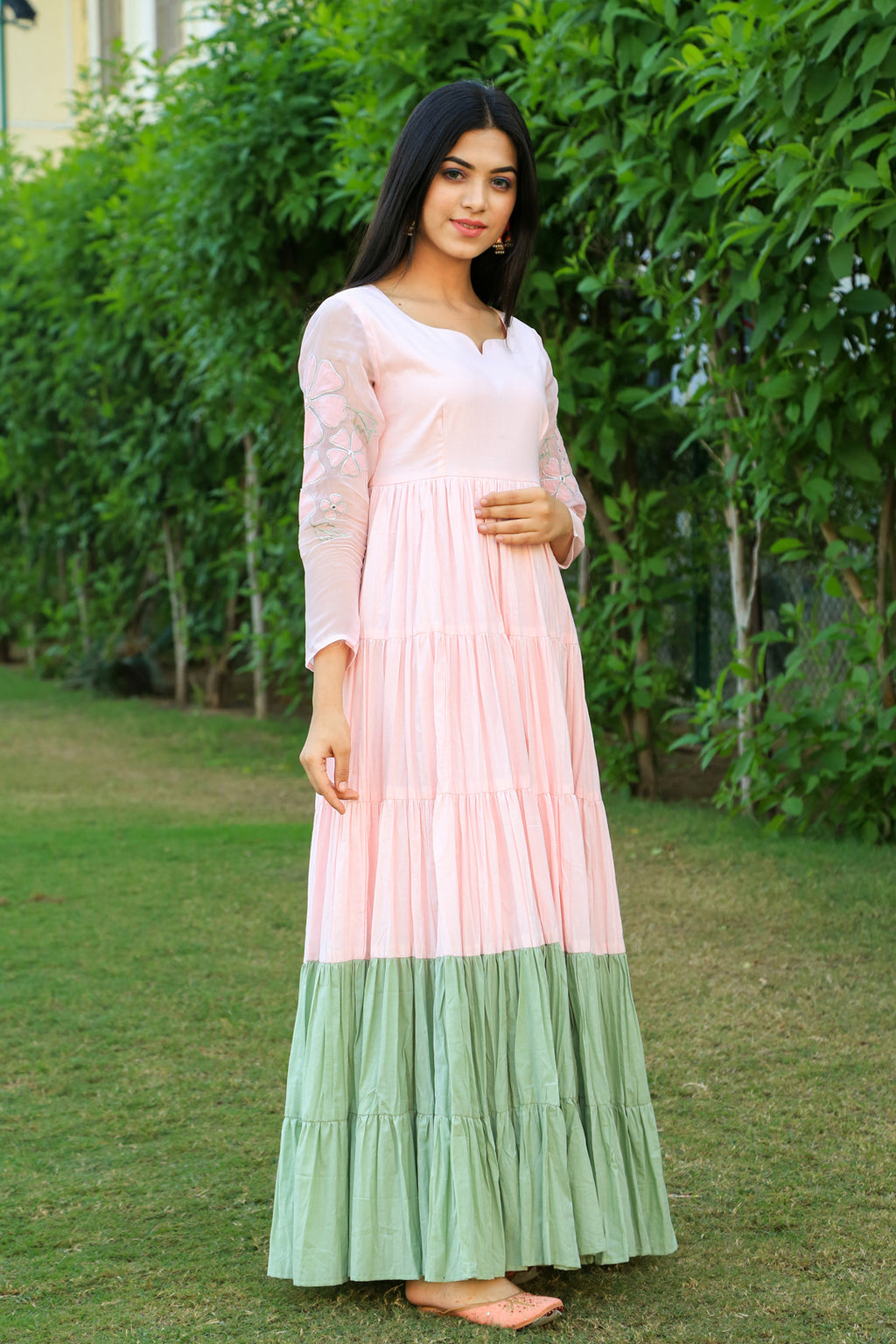 Baby Pink With Eye Soothing Green layered Dress - Indianvirasat