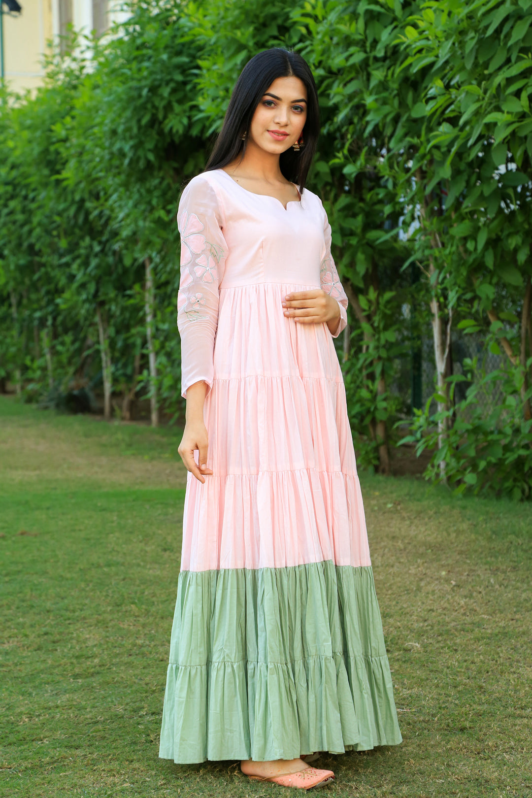 Baby Pink With Eye Soothing Green layered Dress - Indianvirasat