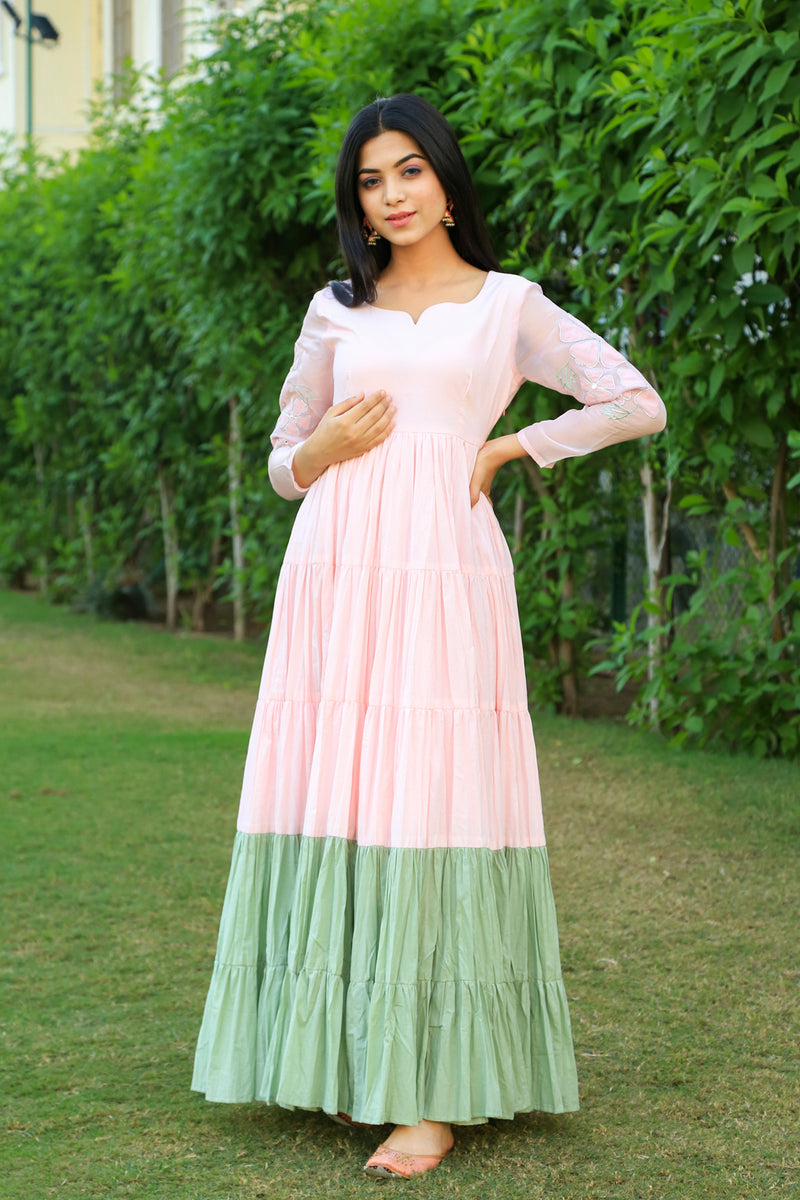 Baby Pink With Eye Soothing Green layered Dress