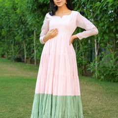Baby Pink With Eye Soothing Green layered Dress