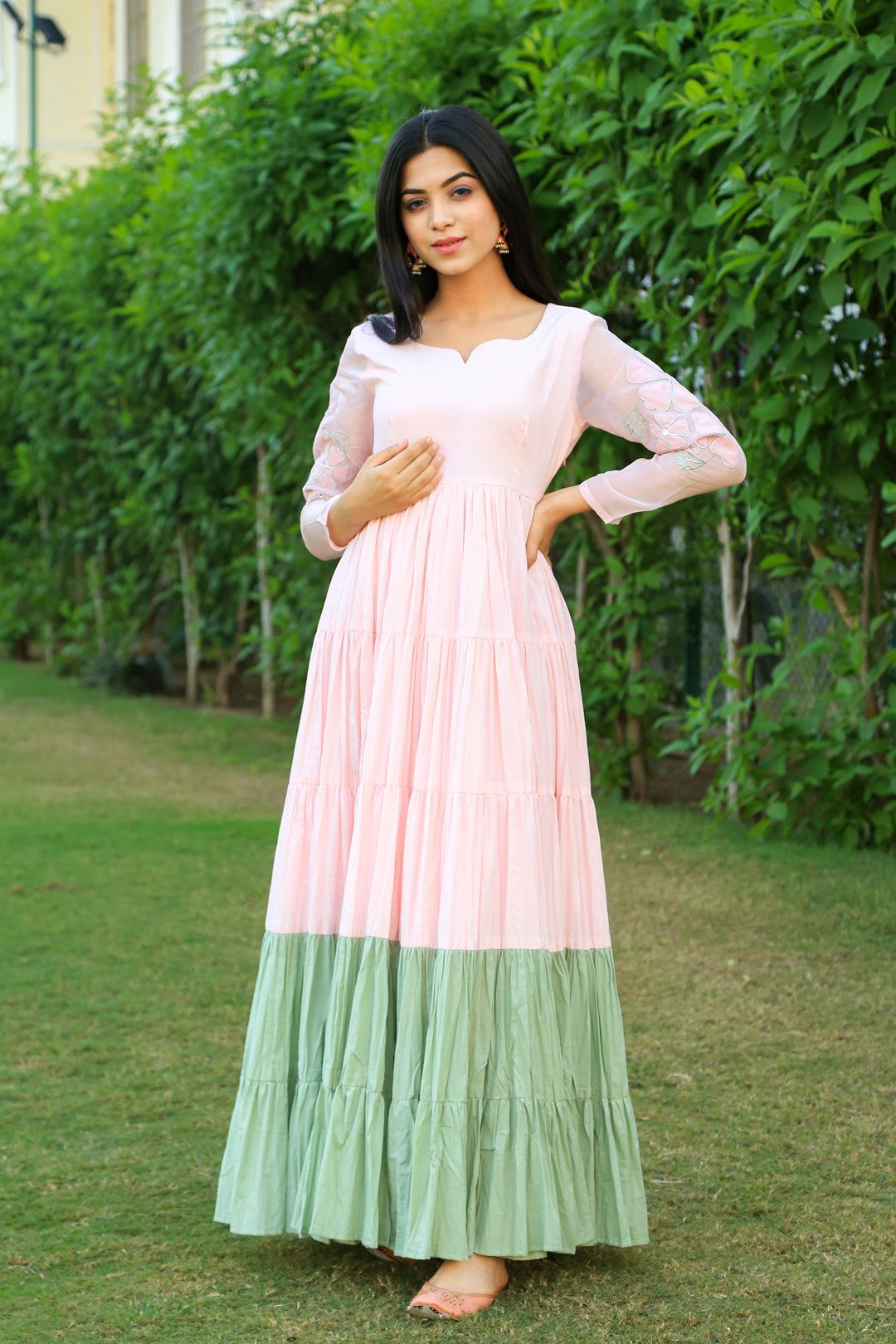 Baby Pink With Eye Soothing Green layered Dress - Indianvirasat