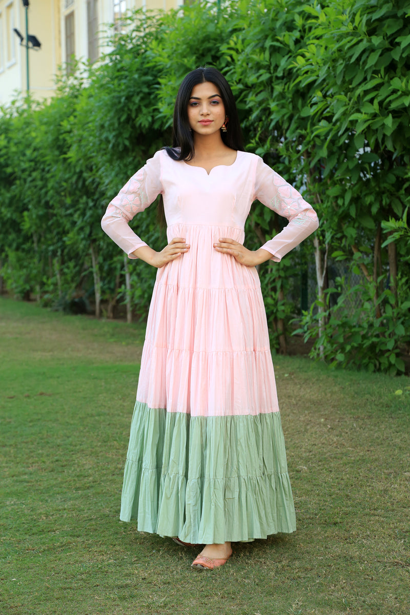Baby Pink With Eye Soothing Green layered Dress