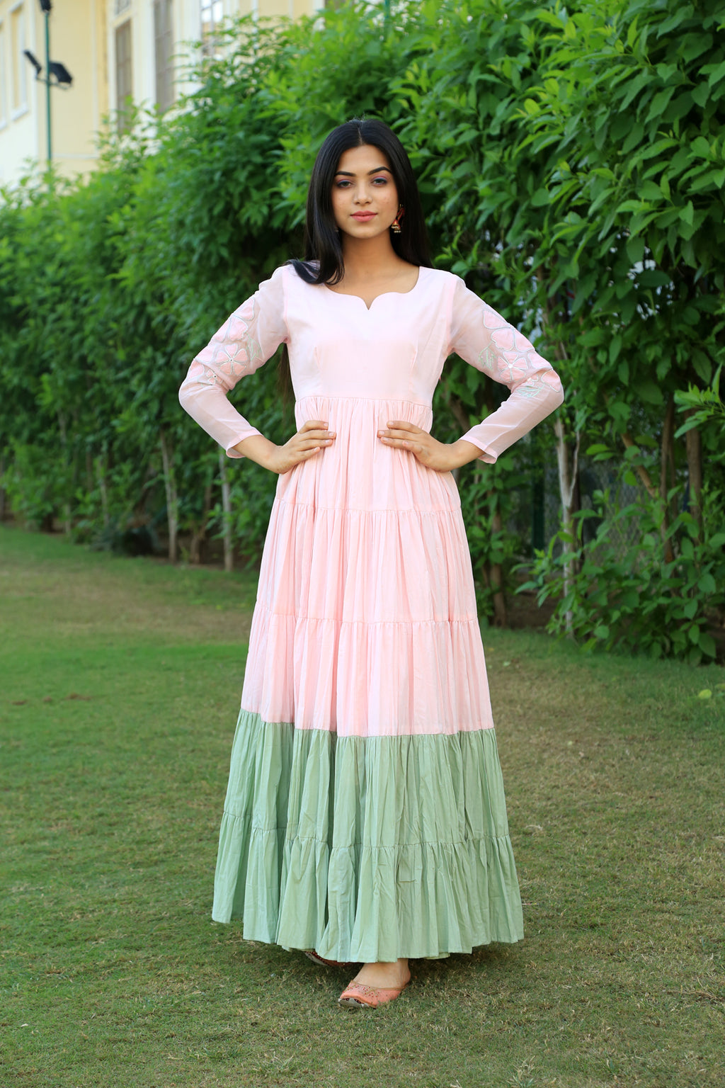 Baby Pink With Eye Soothing Green layered Dress - Indianvirasat