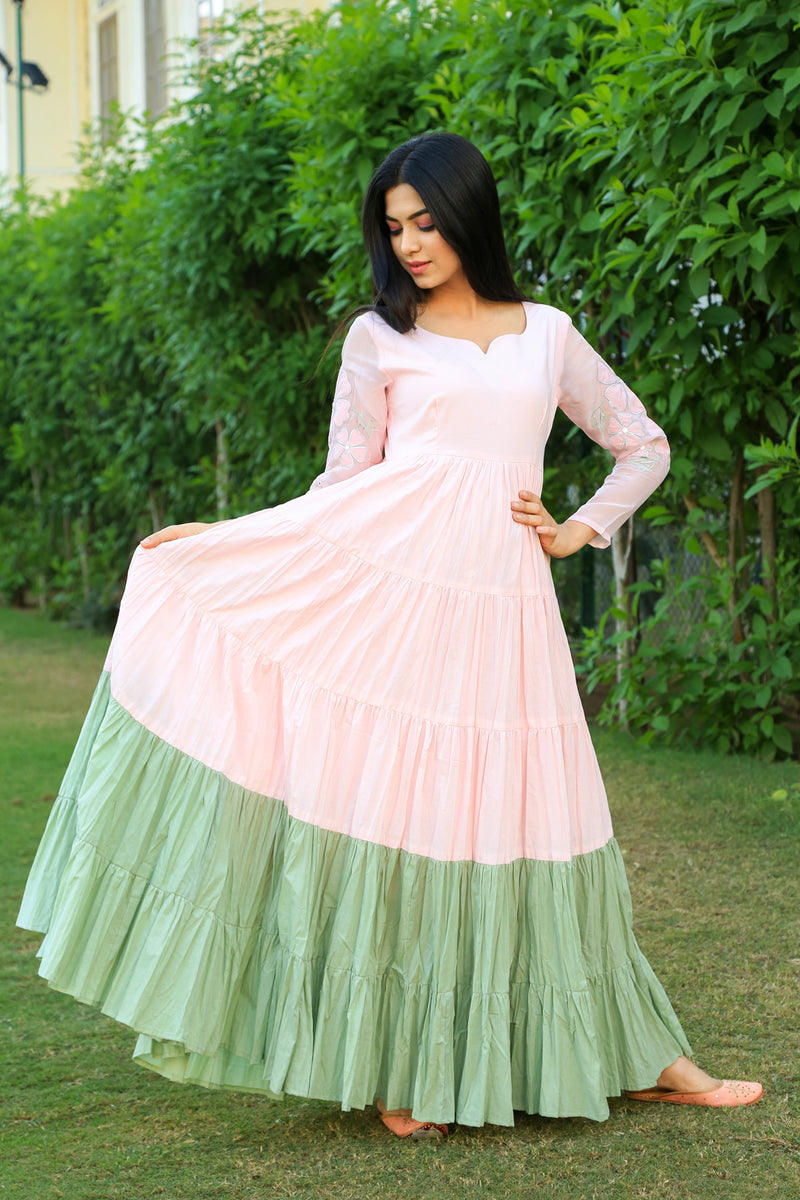 Baby Pink With Eye Soothing Green layered Dress