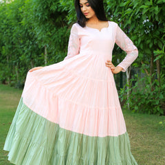 Baby Pink With Eye Soothing Green layered Dress