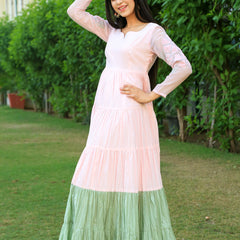 Baby Pink With Eye Soothing Green layered Dress