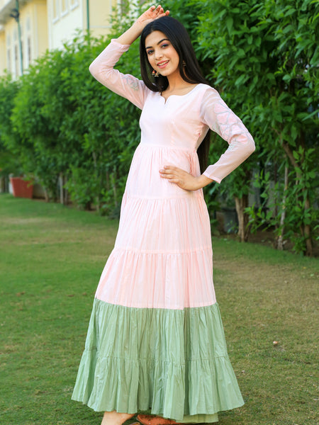 Baby Pink With Eye Soothing Green layered Dress